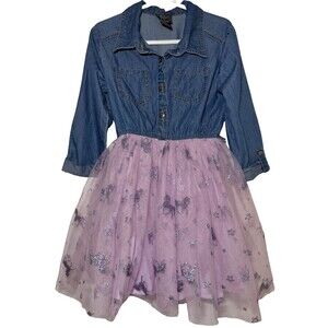 Pink & Violet Girls Size 6 Denim Lavender Unicorn Glitter Twofer Dress Lyocell